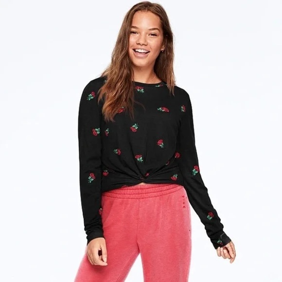 Victoria’s Secret PINK Black Rose Floral Twist Front Long Sleeve Tee Women’s L - Picture 1 of 10